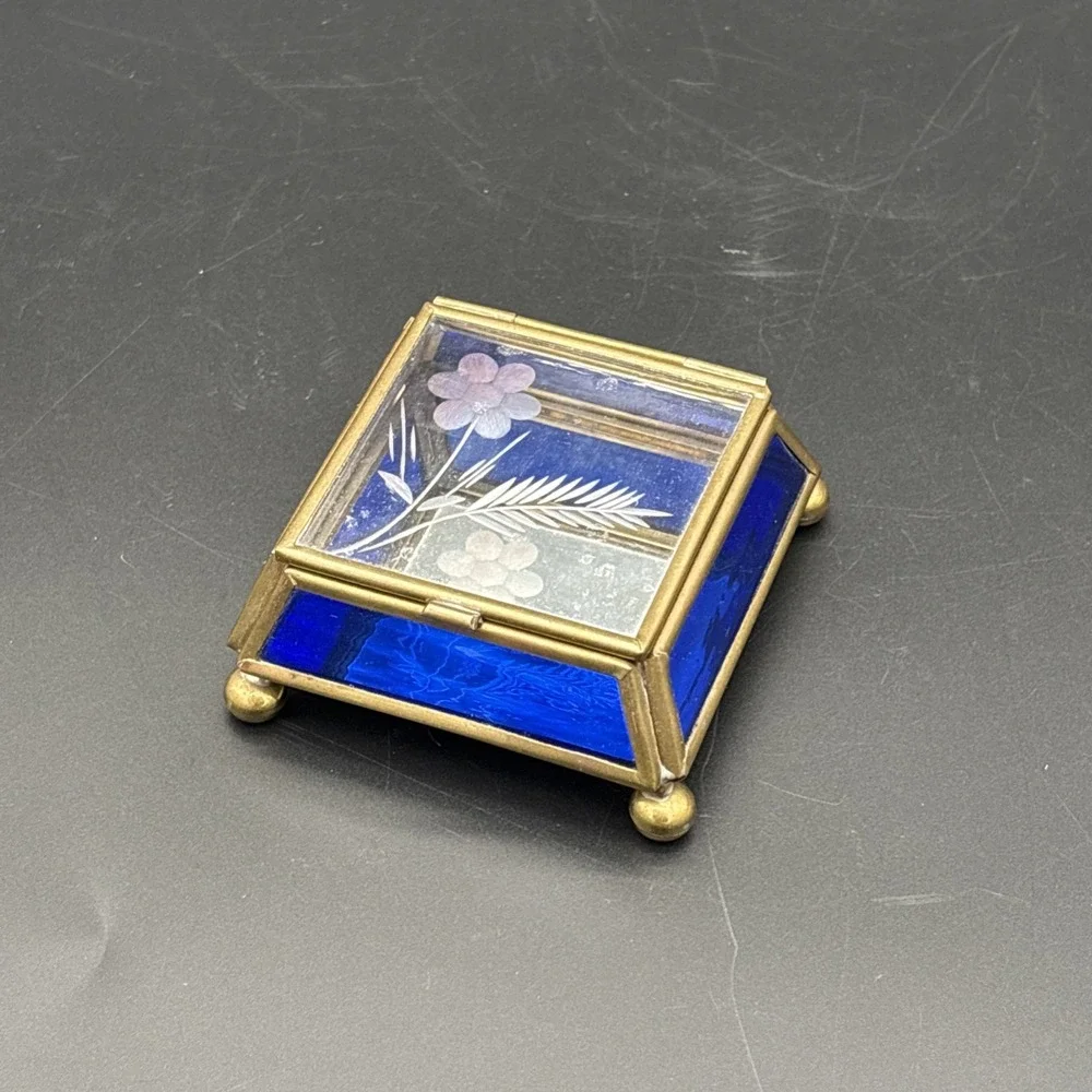 Vintage Via Vermont Cobalt Blue Stained Glass Trinket Box - Etched Floral Lid